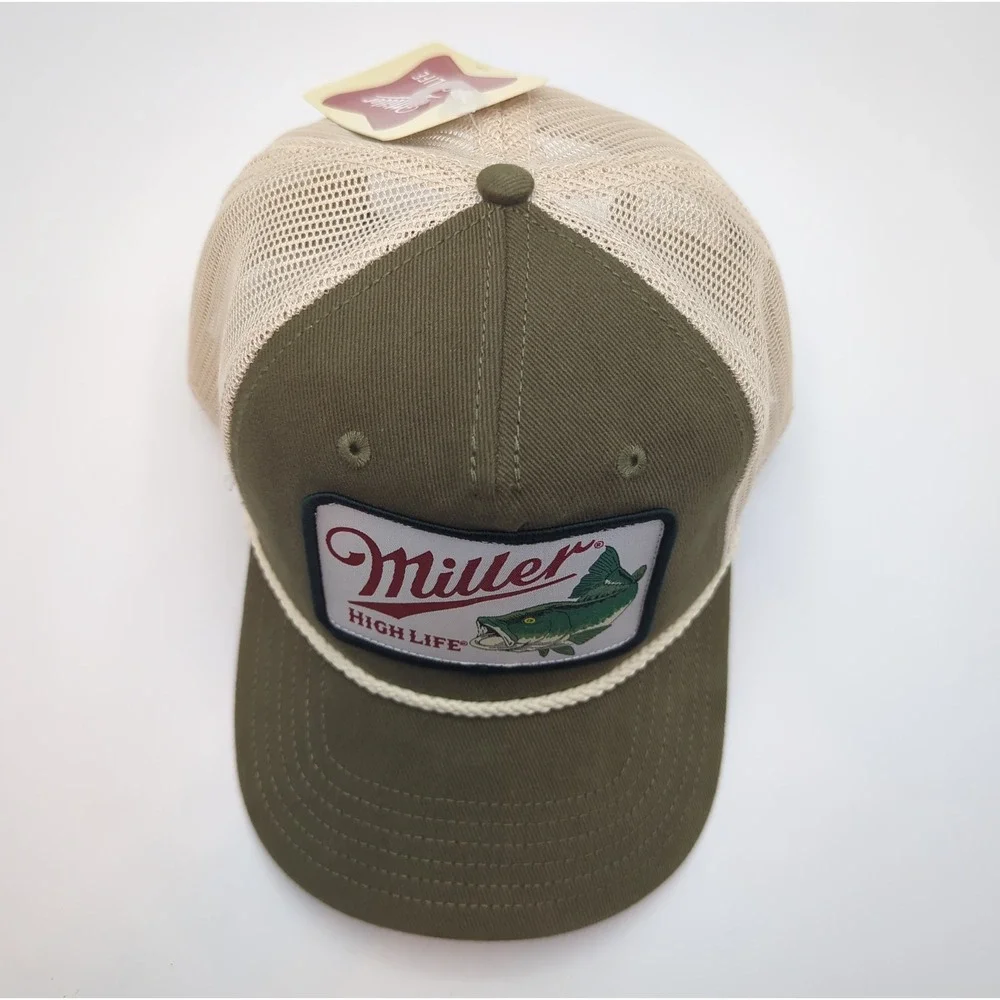 Miller High Life Bass Fishing Trucker Hat Olive Green Tan Snapback Rope Cap NEW